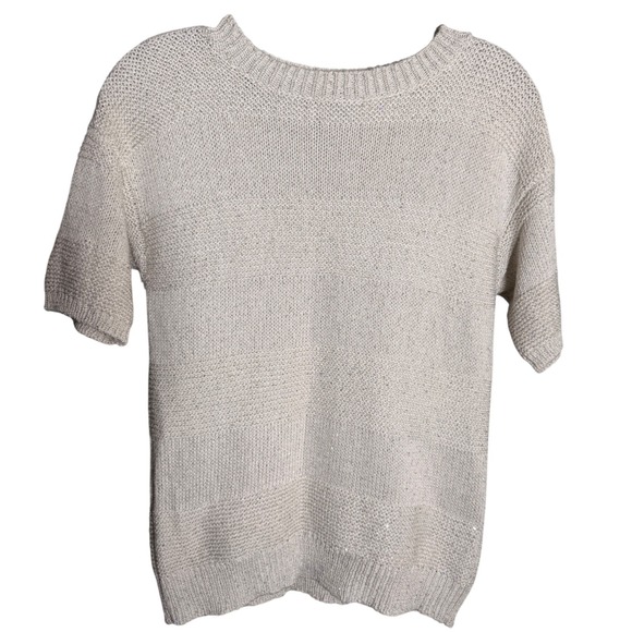 Saks Fifth Avenue Sweaters - Saks Fifth Avenue Short Sleeve Knit Sweater Women Med White-Silver Sequin Italy